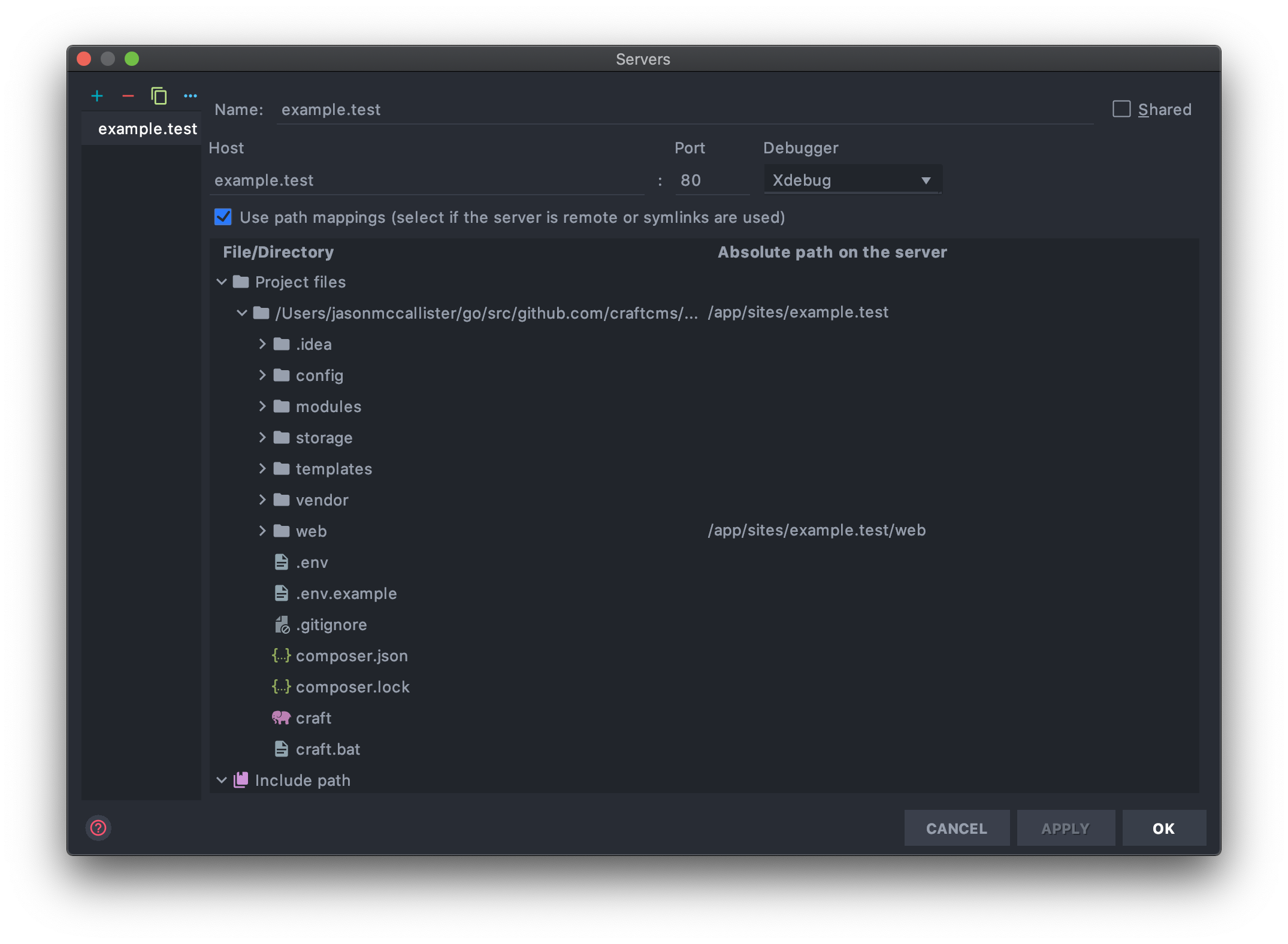 PhpStorm Server Settings