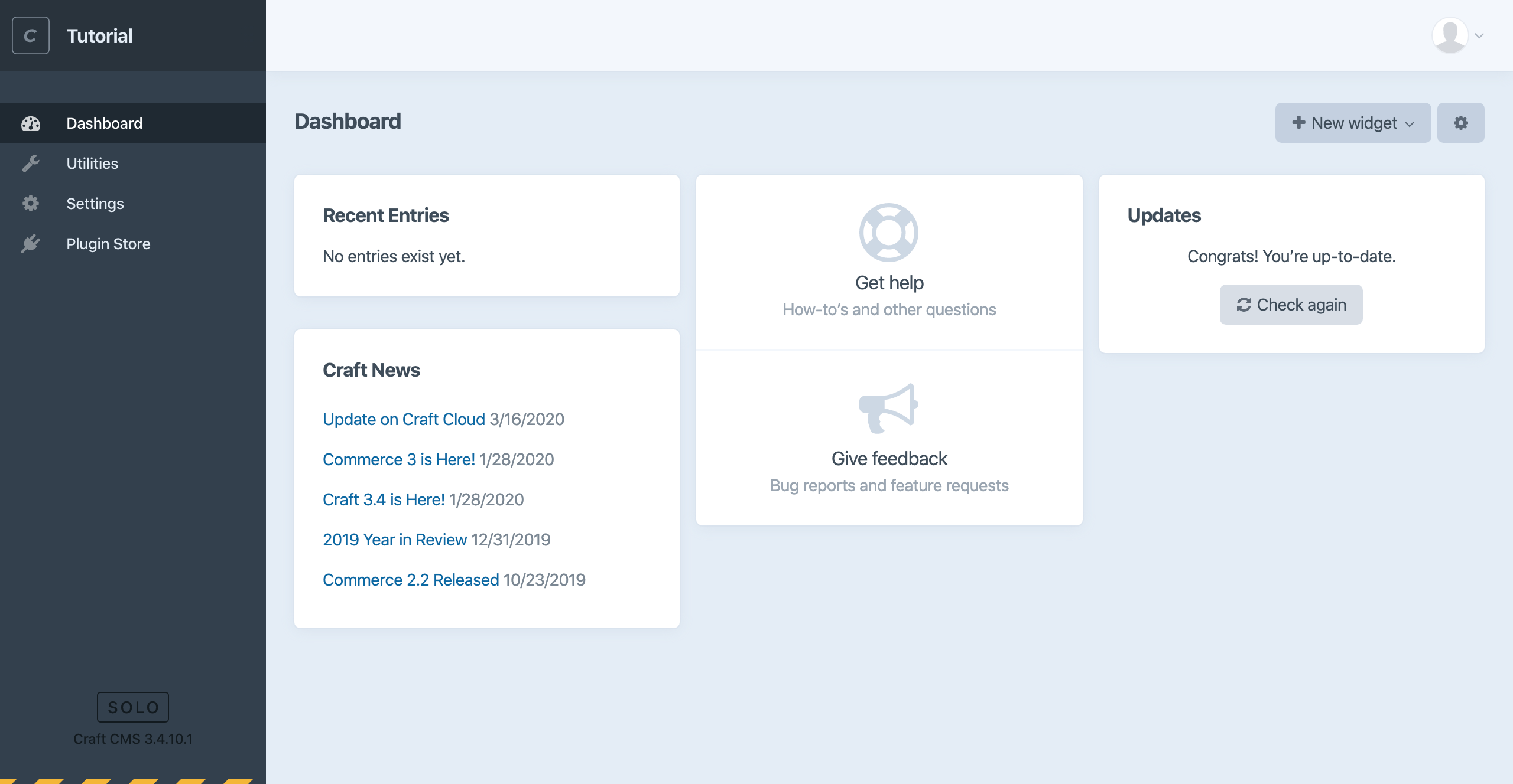 Screenshot of the Craft CMS control panel Dashboard