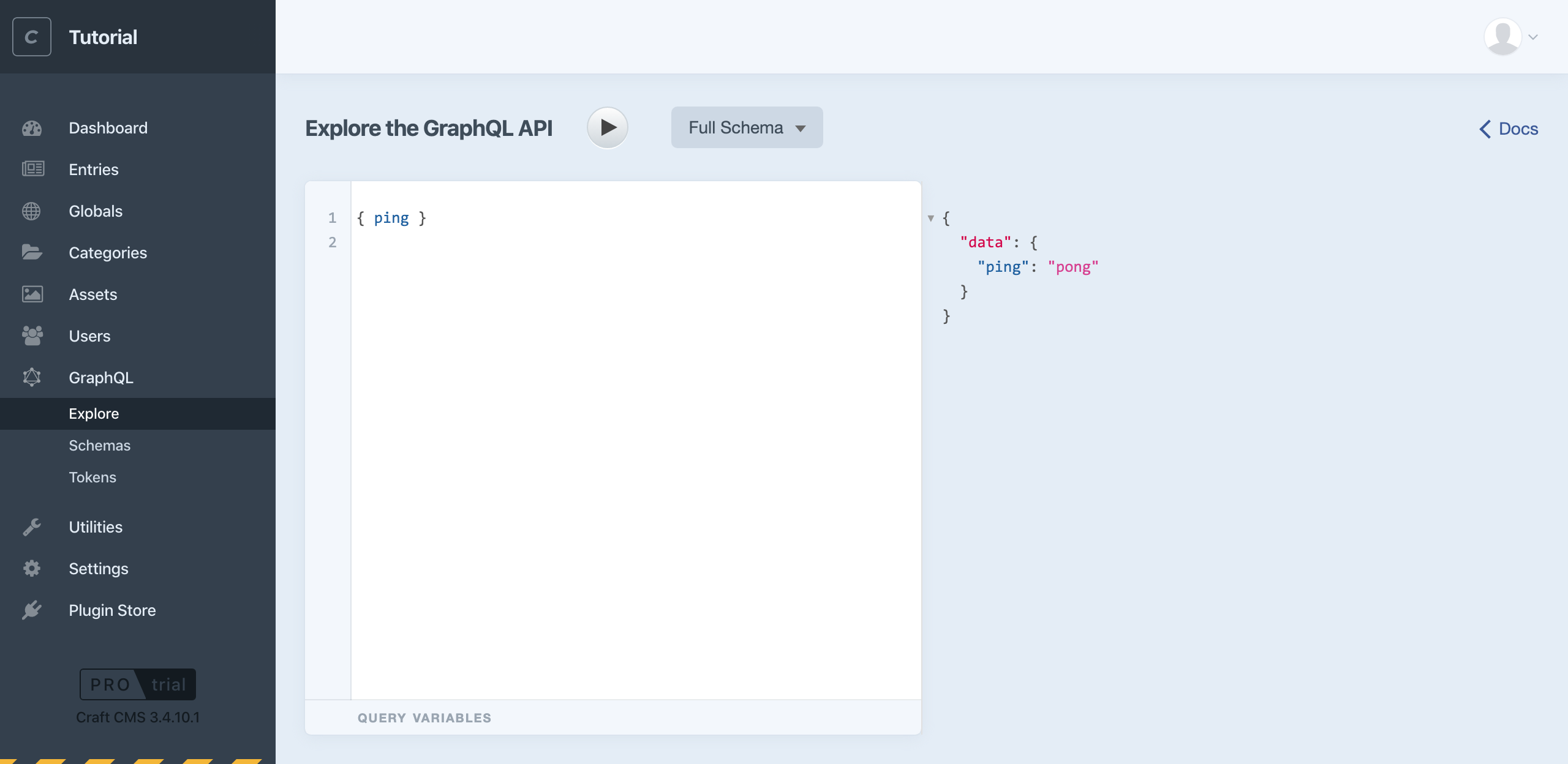 Screenshot of GraphiQL with simple query and response