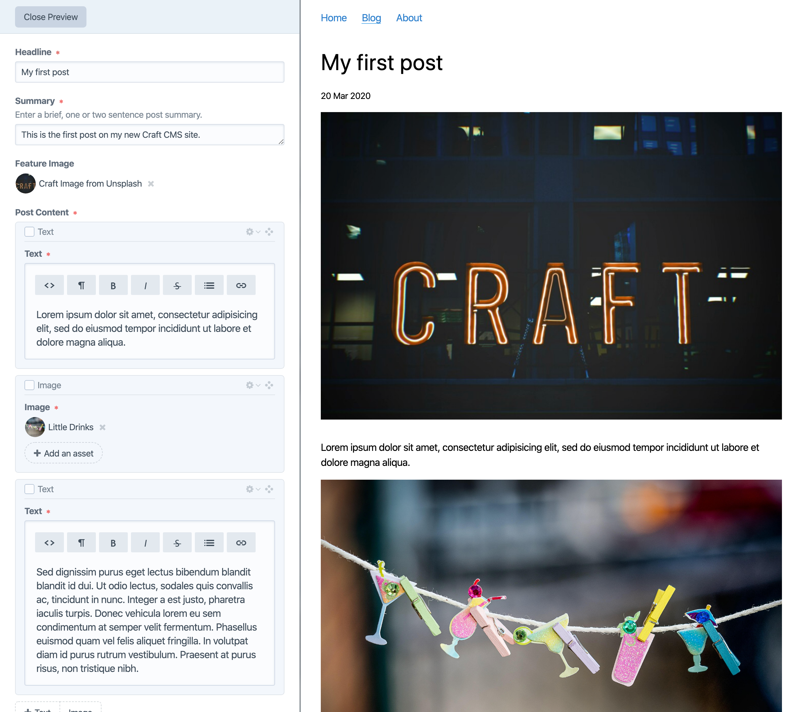 Screenshot of control panel editing a post with live preview: content on the left and a front end preview on the right